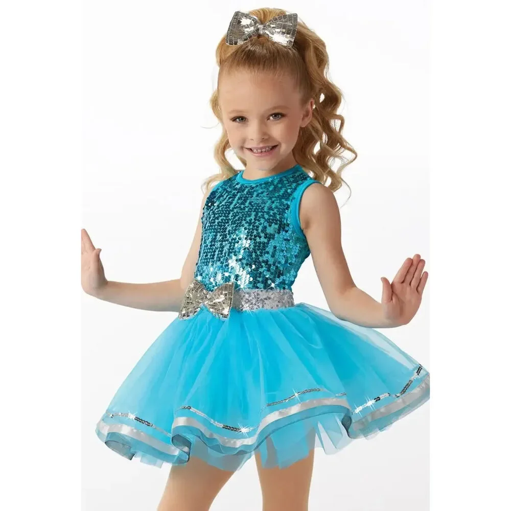 Pre-Owned Dance Costume Weissman 15326 Medium Child Blue Dress Jazz Tap Sequins